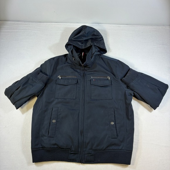 Tommy Hilfiger Other - Tommy Hilfiger Jacket Mens XL Navy Blue Hooded Bomber Puffer Full Zip Heavy Coat